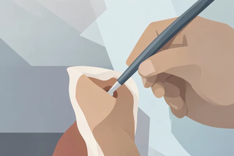Um dentista trabalhando em um dente com um pequeno instrumento, com foco na área de tratamento.