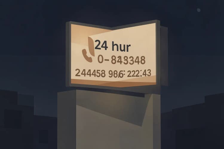 Uma placa de atendimento odontológico 24 horas com um telefone e um endereço.
