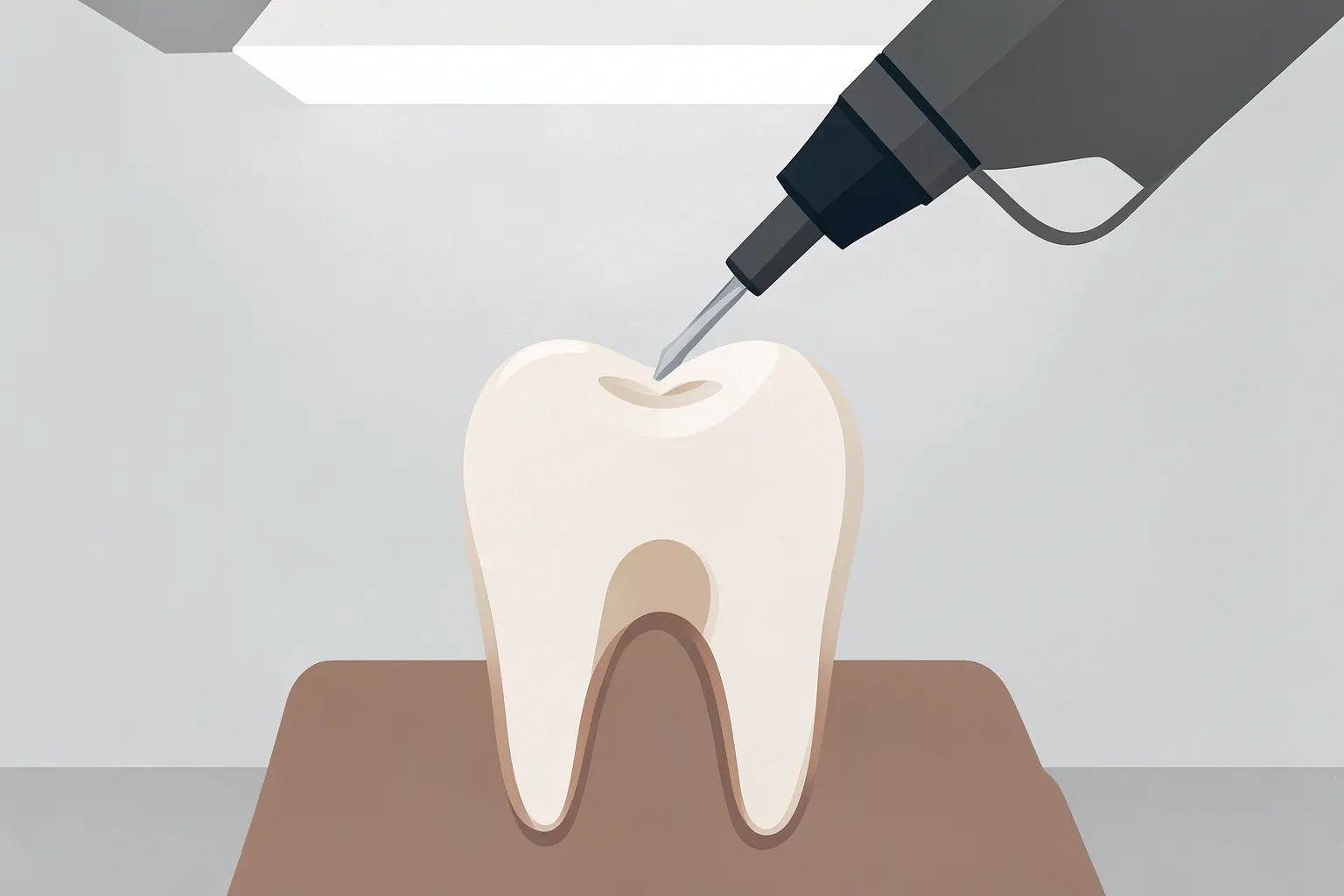 Um close-up de um dente com um buraco no centro, mostrando a polpa exposta, com uma broca odontológica pairando acima.
