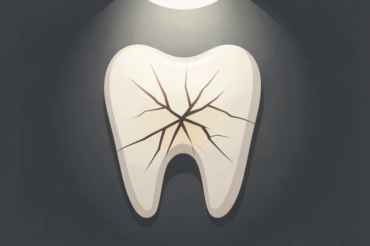 Visão de cima de um dente com uma fratura complexa, mostrando múltiplas linhas.