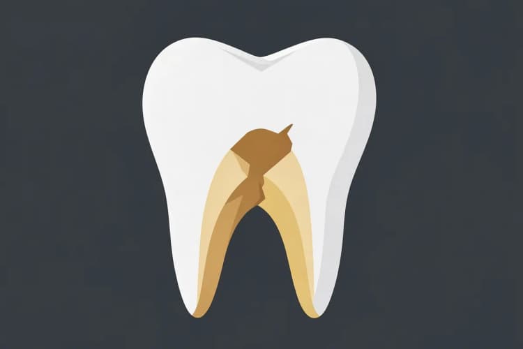 Um dente com uma fratura que expõe a dentina, com coloração amarelada.