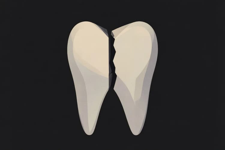 Um dente quebrado com uma linha de fratura vertical, quase separando a coroa.
