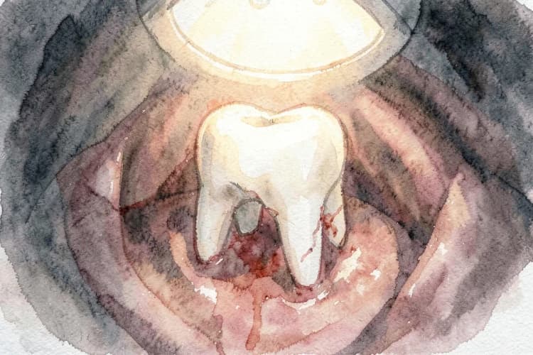 Dente quebrado com sangramento visível na gengiva.