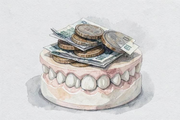 Moedas e notas de dinheiro empilhadas em cima de um modelo de dente.