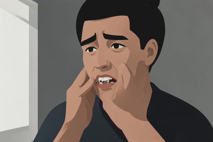 Pessoa com dor visível tocando o rosto perto de um dente quebrado, com a raiz exposta.