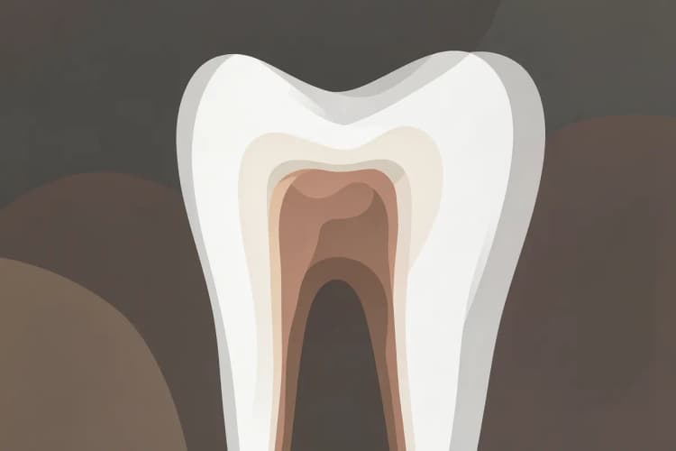 Raiz de dente com sinais de infecção e inflamação, vista em close-up.