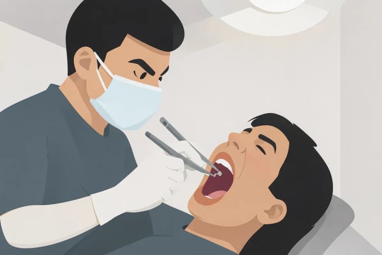 Odontologista examinando a raiz de um dente com instrumentos, em ambiente de clínica 24h.