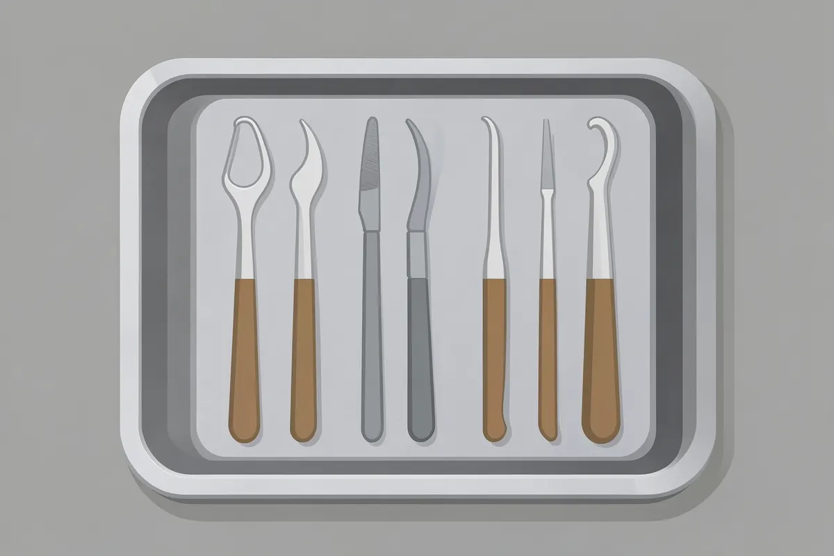 Instrumentos odontológicos sobre uma bandeja metálica