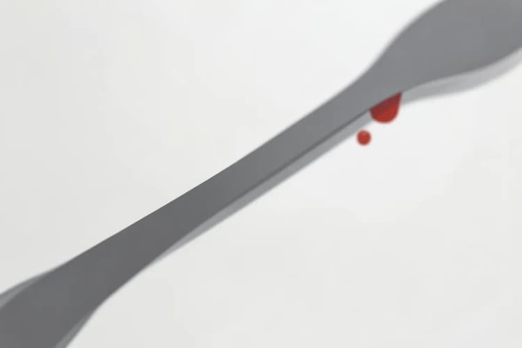 Close-up de um instrumento odontológico com uma pequena gota de sangue na ponta.