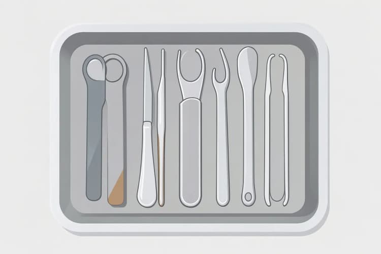 Instrumentos odontológicos esterilizados organizados em uma bandeja.