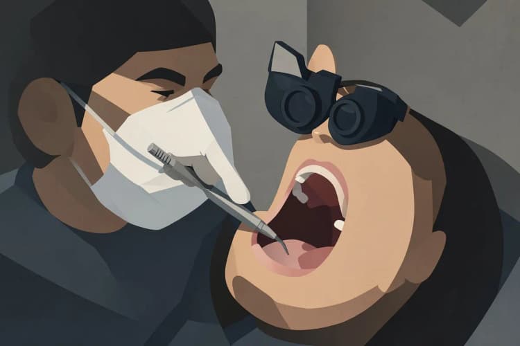 Dentista trabalhando cuidadosamente na boca de um paciente com instrumentos.