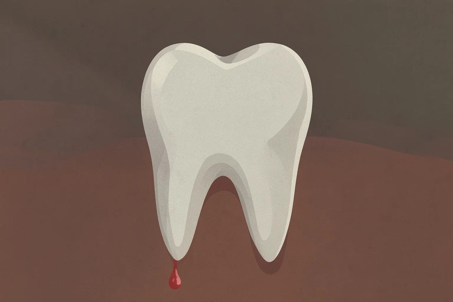 Close-up de um dente com uma pequena gota de sangue escorrendo da gengiva, simbolizando o tema de tratamento de canal sangrando.