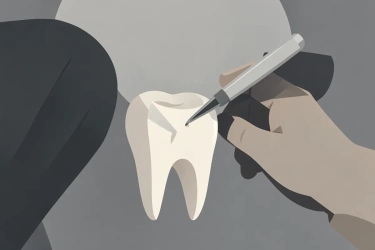 Dente sendo examinado com um espelho dental e uma sonda
