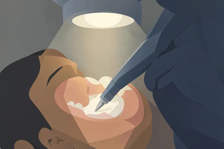 Dentista aplicando material de restauração em um dente com uma broca