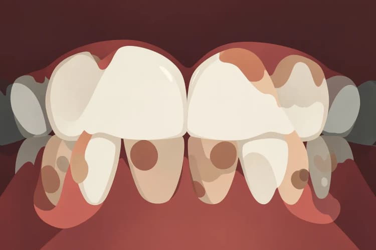 Dentes com cáries e gengiva inflamada, vista macro.