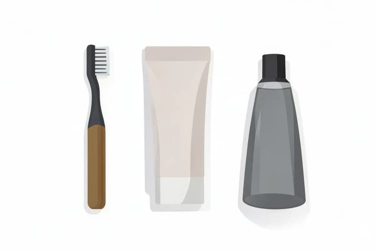 Conjunto de produtos de higiene bucal: escova, pasta, fio dental e enxaguante.