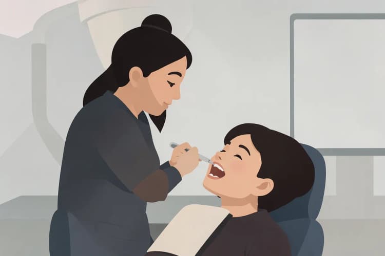Odontologista examinando a boca de uma criança com um espelho bucal.