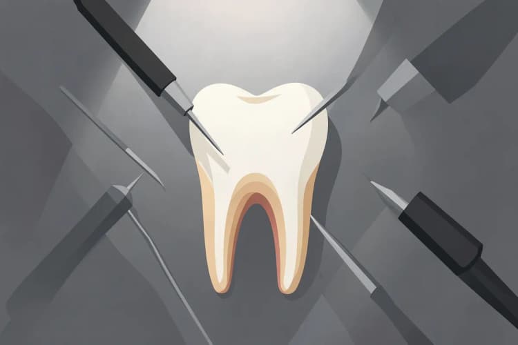 Um close-up de um dente sendo tratado com instrumentos odontológicos.