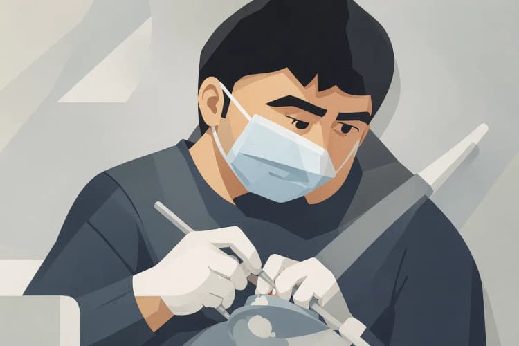 Um dentista com expressão concentrada, realizando um procedimento odontológico complexo.