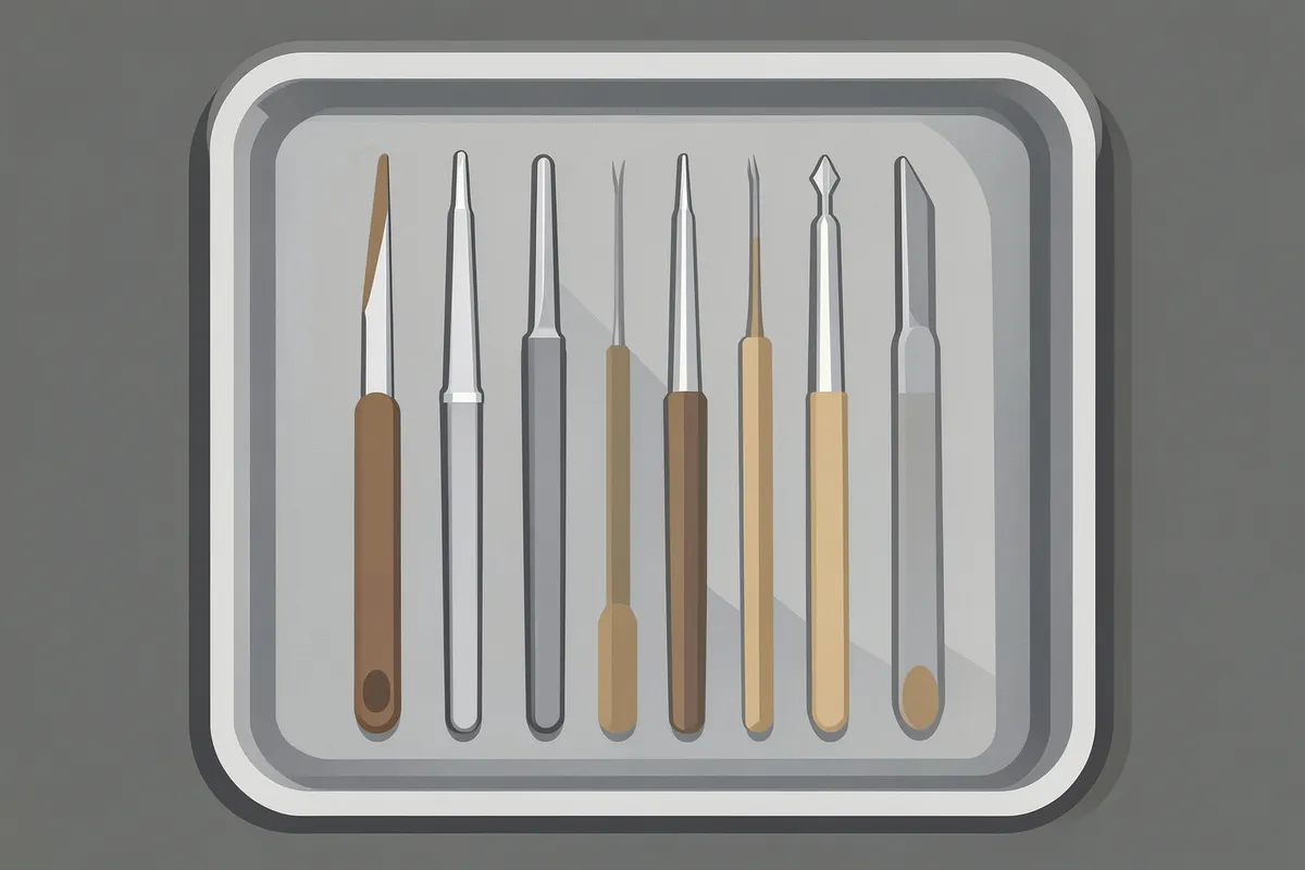 Um conjunto de instrumentos odontológicos afiados e esterilizados sobre uma bandeja.
