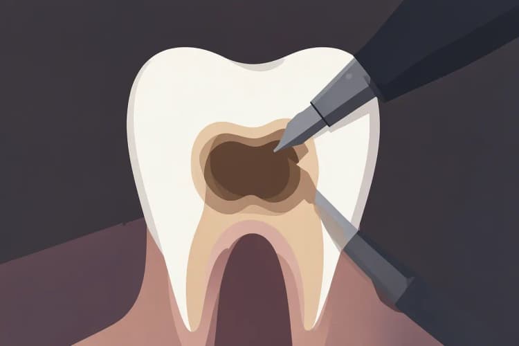 Um dente com uma cárie profunda sendo preparado para tratamento.
