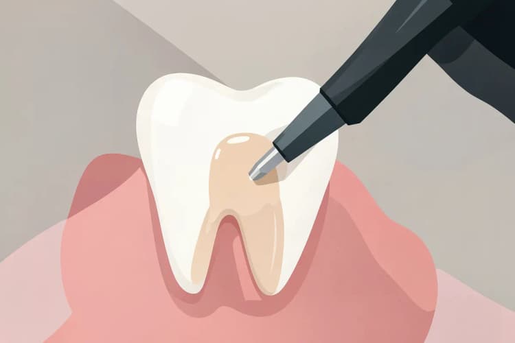Um close-up de um dente sendo obturado com material restaurador.
