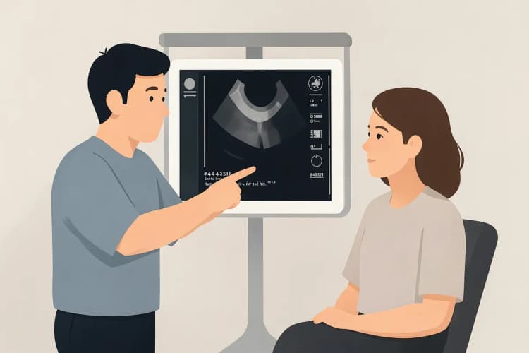Um dentista explicando um raio-x dental para um paciente.