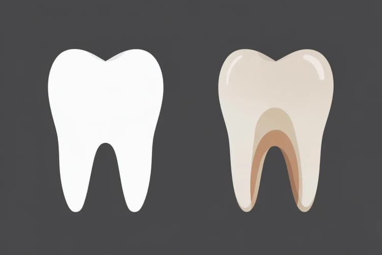 Um dente saudável e um dente tratado após o canal, lado a lado.