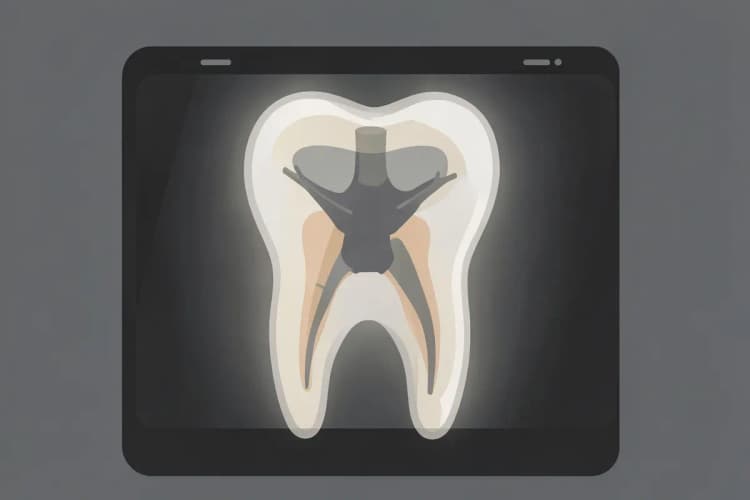 Radiografia de um dente mostrando o canal radicular sendo tratado.