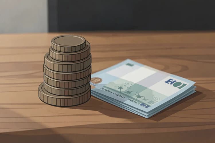 Moedas e notas de dinheiro empilhadas em cima de uma mesa, simbolizando o custo do tratamento.