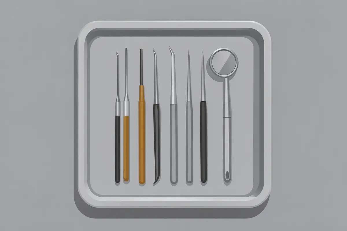 Close-up de instrumentos odontológicos organizados em uma bandeja, incluindo limas e espelhos.