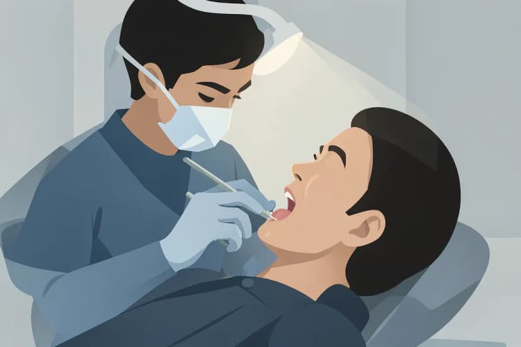 Dentista trabalhando na boca de um paciente com equipamento especializado.