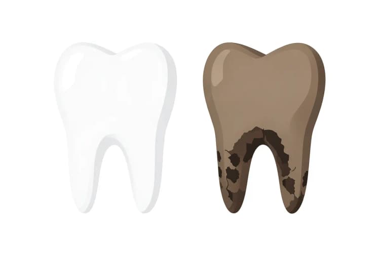 Um dente saudável e brilhante ao lado de um dente danificado, representando a importância do tratamento.