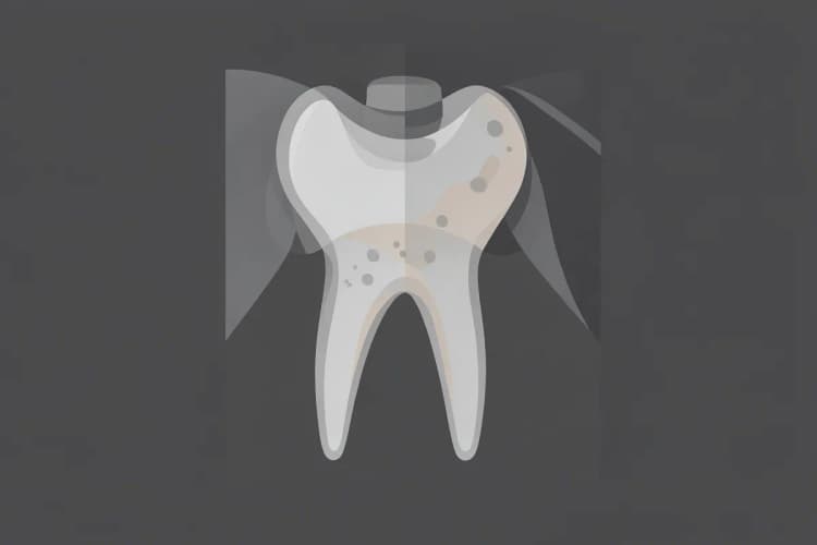 Radiografia de um dente mostrando a área da raiz afetada por cárie.