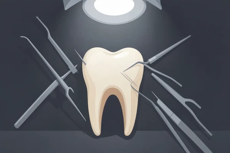 Close-up de um dente sendo tratado com instrumentos odontológicos.