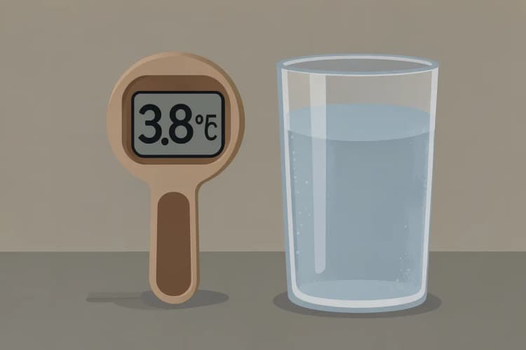 Termômetro digital mostrando 38.5°C ao lado de um copo d'água.