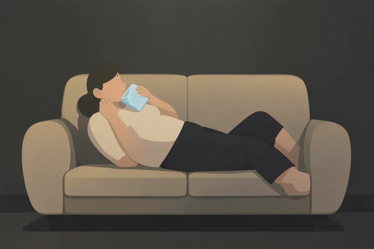 Paciente descansando em um sofá com uma bolsa de gelo na bochecha.