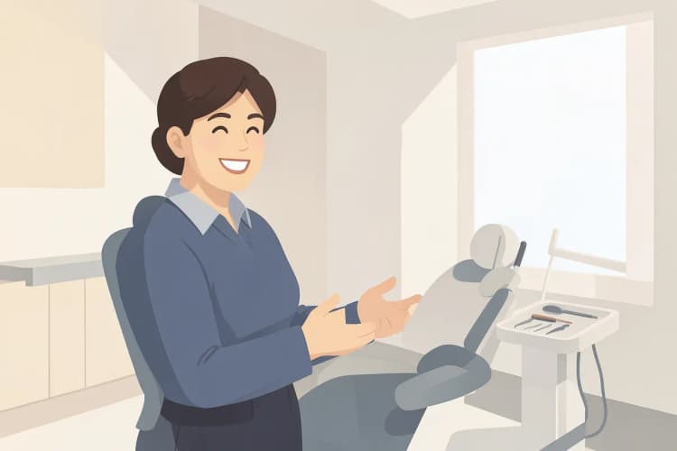 Profissional de saúde sorrindo e gesticulando em um consultório odontológico moderno.