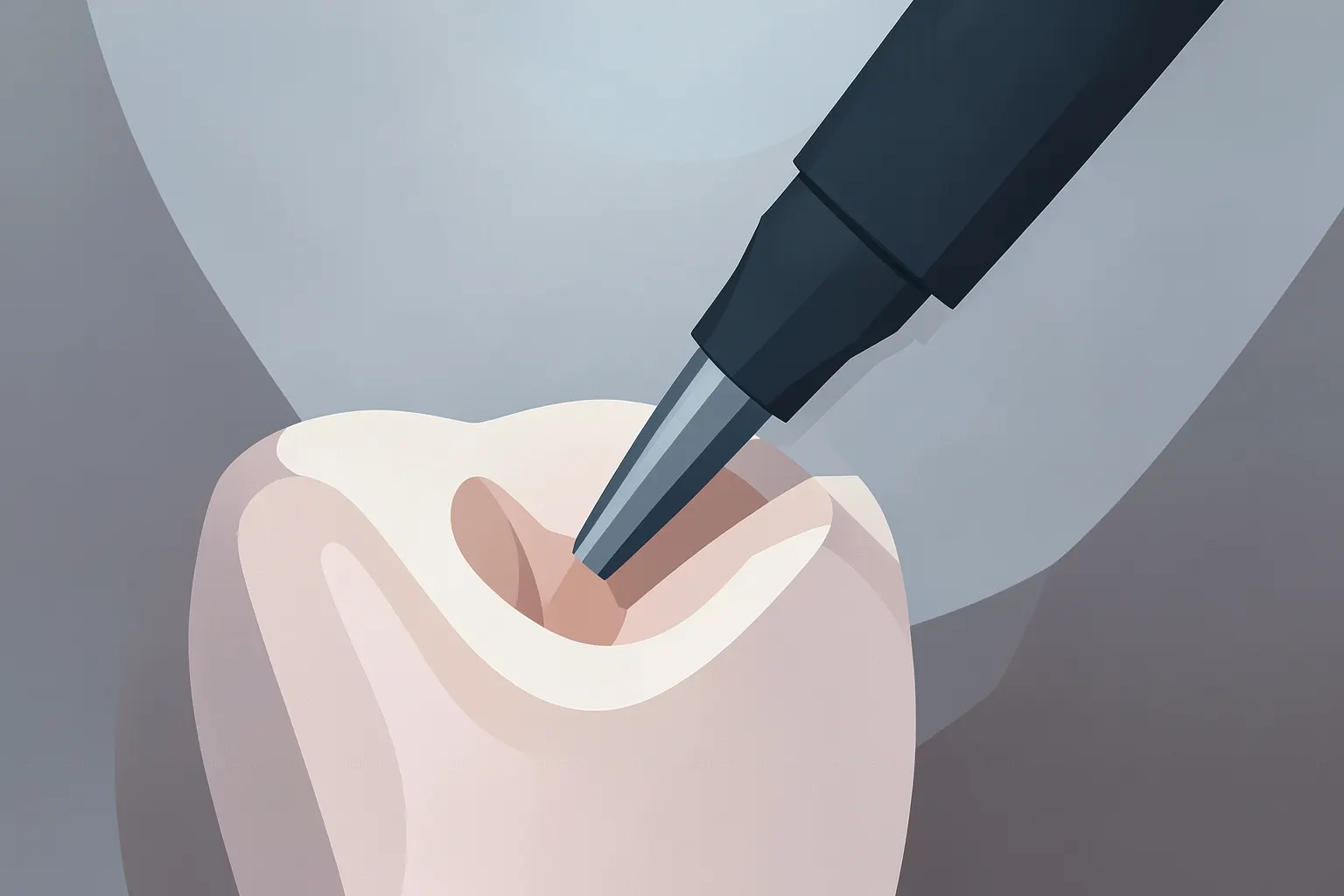 Close-up de um dente com uma broca de dentista perfurando-o, com foco na raiz.