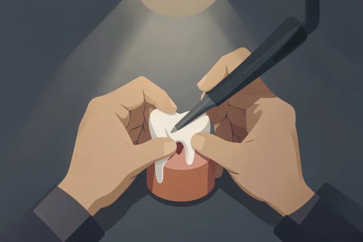 Odontologista examinando um modelo de dente com instrumentos, focando no canal radicular.