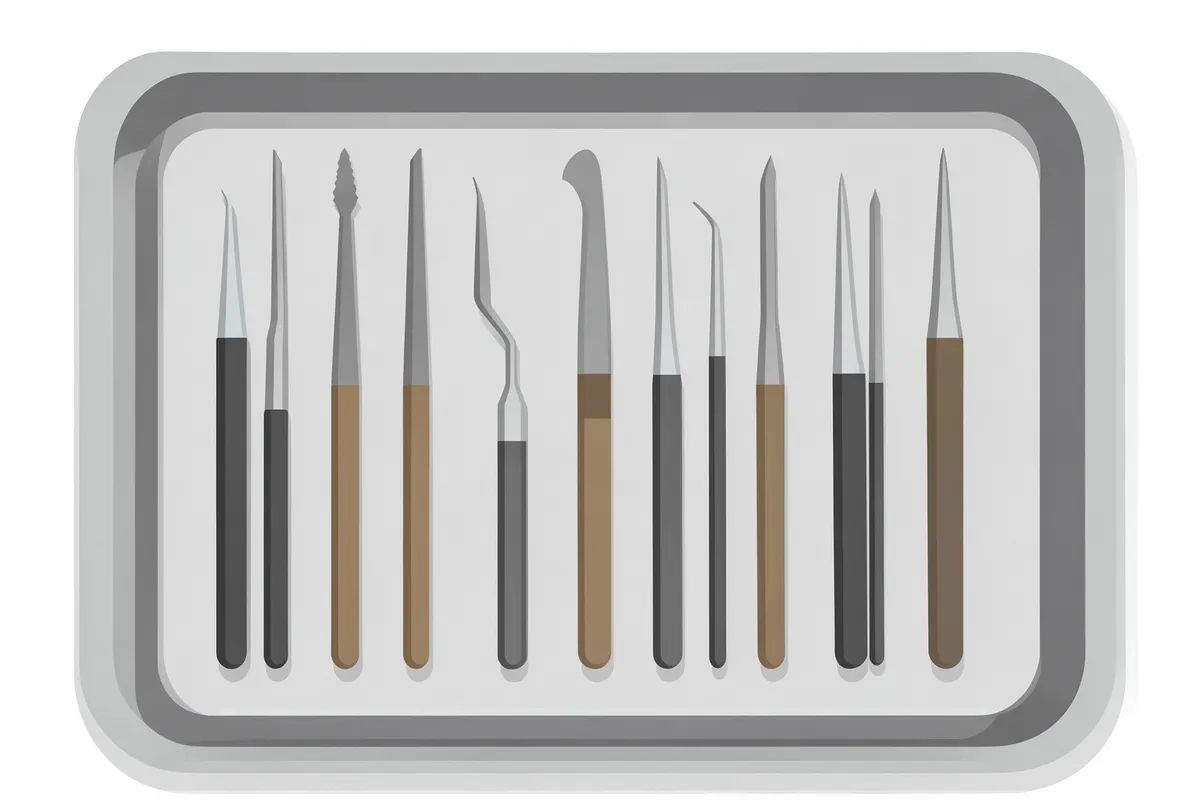 Close-up de instrumentos odontológicos como limas e brocas sobre uma bandeja esterilizada.