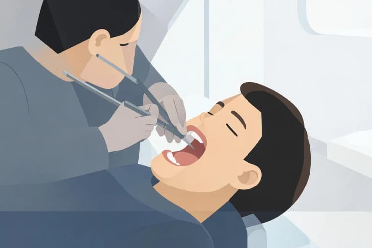 Odontologista trabalhando em um paciente com foco na boca, usando instrumentos.