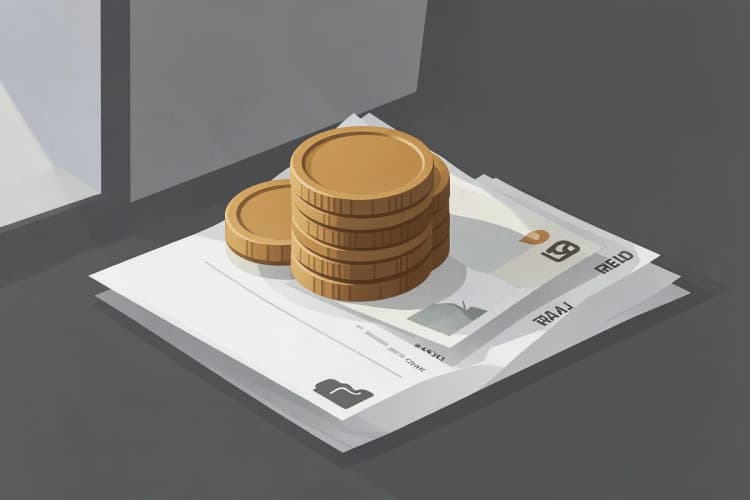 Moedas e notas de dinheiro empilhadas em cima de uma conta de clínica odontológica.