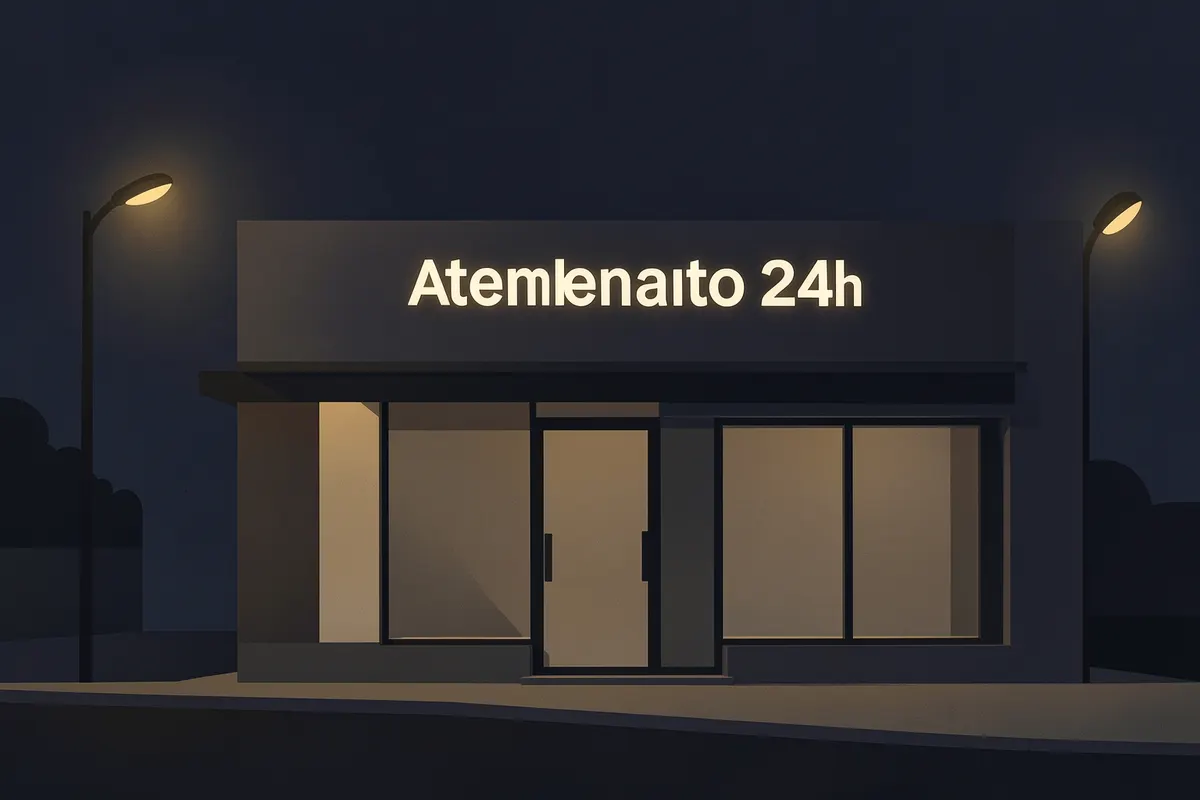 Fachada de uma clínica odontológica com a placa "Atendimento 24h" iluminada à noite.