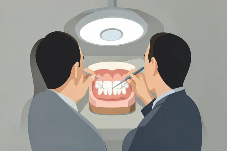 Um dentista examinando um modelo de dente com instrumentos odontológicos.