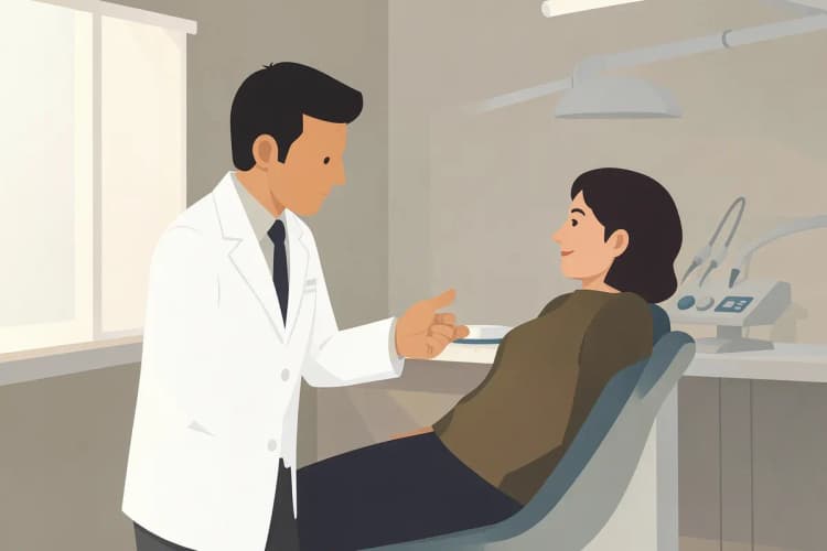 Um dentista explicando um procedimento a um paciente em uma sala de consultório odontológico.