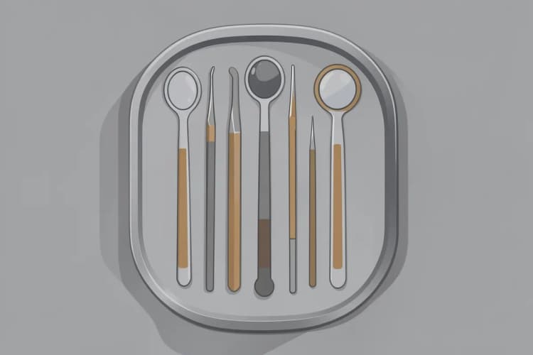 Uma coleção de instrumentos odontológicos organizados em uma bandeja.