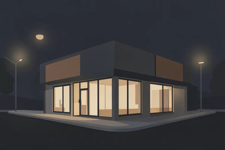 Fachada de uma clínica odontológica com iluminação noturna.