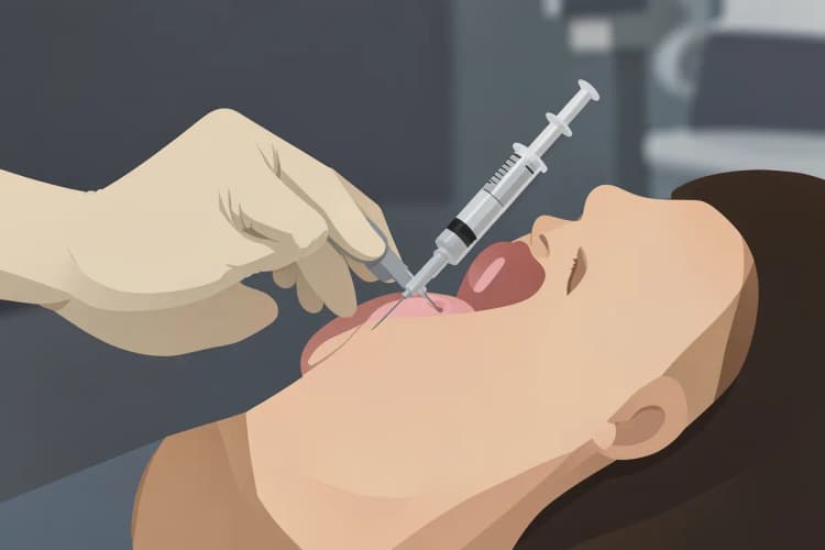 Um dentista aplicando anestesia na gengiva de um paciente antes de um procedimento odontológico.