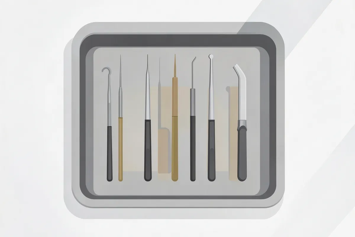 Instrumentos odontológicos organizados em uma bandeja, prontos para um procedimento de canal.